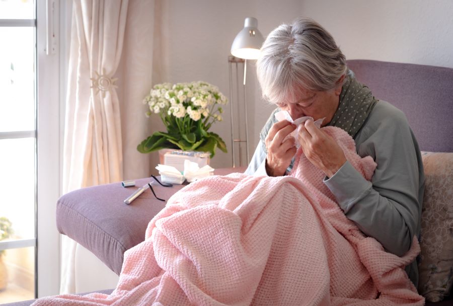 Woman sick in bed with Babesia infection.