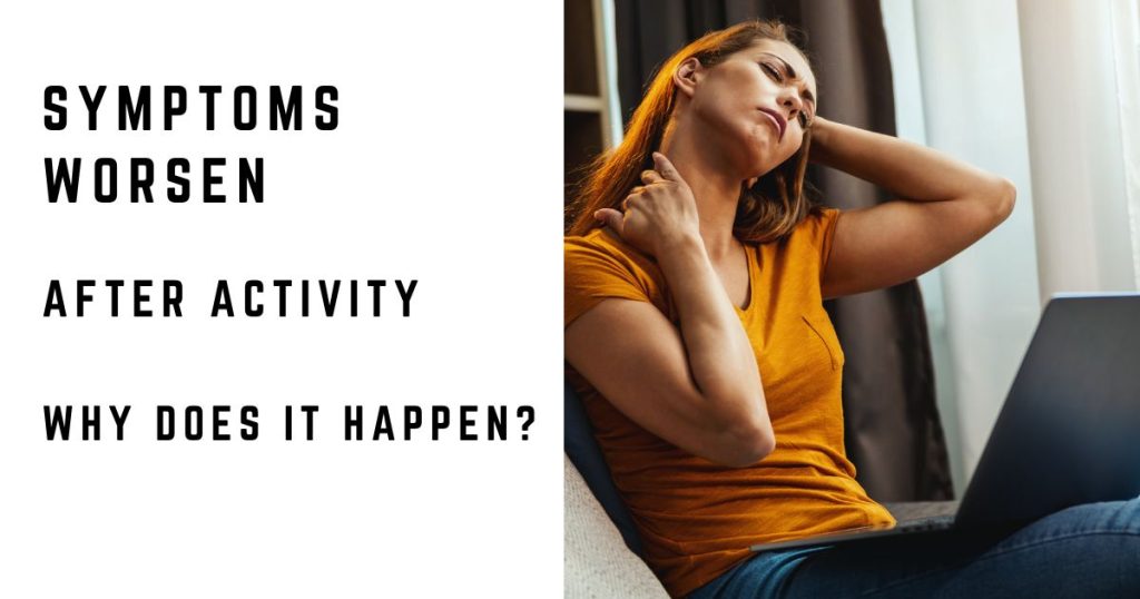 Woman resting after mental activity as symptoms worsen following physical or cognitive exertion.