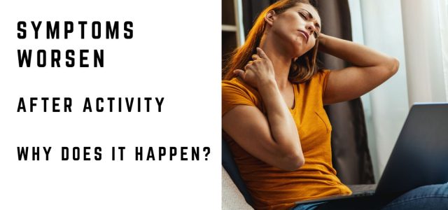 Woman resting after mental activity as symptoms worsen following physical or cognitive exertion.