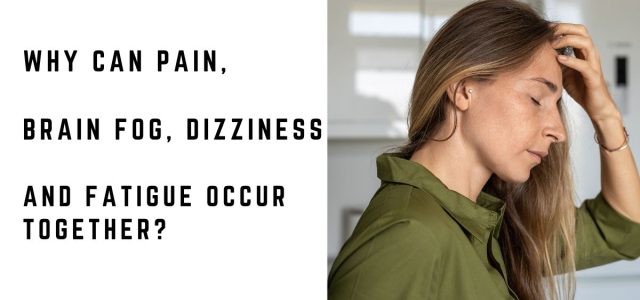 Woman experiencing pain, brain fog, dizziness, and fatigue while sitting at home