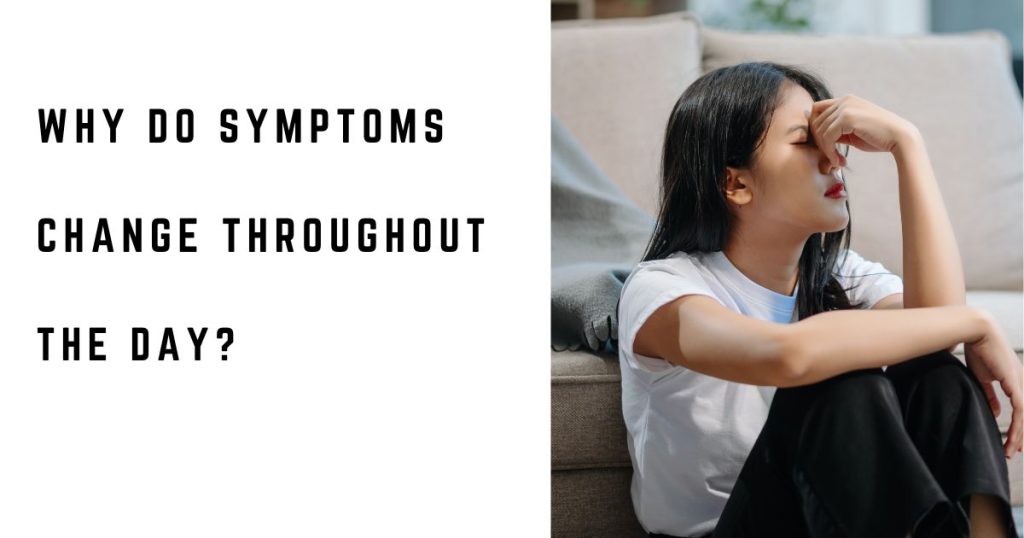 Woman experiencing fatigue and changing symptoms while using a laptop at home