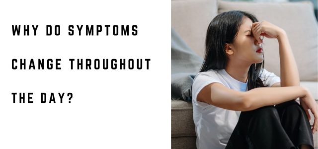 Woman experiencing fatigue and changing symptoms while using a laptop at home